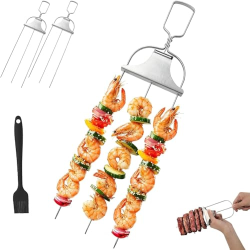 3-Wege-Grillspieße, Edelstahl-Grillspieße mit Schiebestange, 3-Zinken-Kabob-Sticks, wiederverwendbarer Metall-Grillspieß für Fleisch, Garnelen und Gemüse (2 Stück)