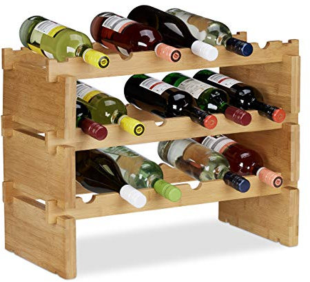 Relaxdays Étagère à vin empilable, Porte bouteilles en bambou, Rangement à bouteilles extensibles, 3 niveaux, nature