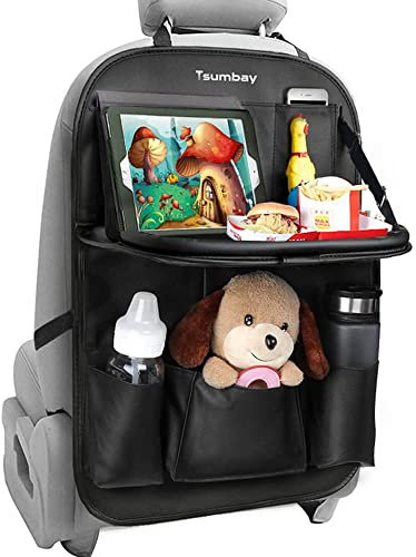 Tsumbay Backseat Organizer With Foldable Tray Table - PU Leather Car Tidy With 9 Pockets and Tablet Holder for Parents and Drivers - 1 Piece