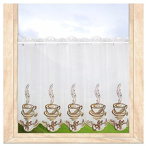 Küchen-Scheibengardine Coffee | Bestickt Weiß-Beige-Braun | HxB 55x112 cm