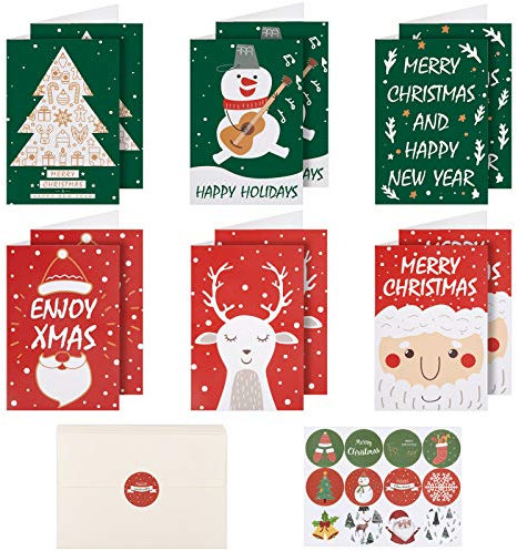 12 Blatt Weihnachtskarten mit Umschlägen und Aufkleber Set, Weihnachten Klappkarten Blanko Postkarten Grußkarten für Kinder Familie Freunde Kunden