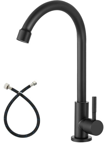 Heyalan Cold Water Only Kitchen Faucet SUS304 Sink Faucets High Arc Gooseneck 360 Degree Rotation Spout Basin Tap with Longer Thread Pipe,Matte Black