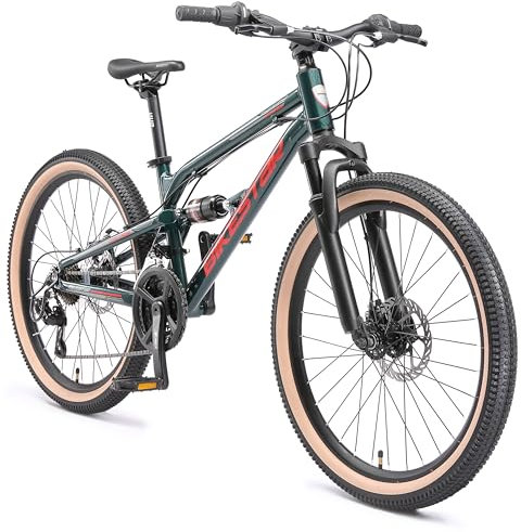 BIKESTAR Kinder Fahrrad Aluminium Fully Mountainbike 21 Gang Shimano, Scheibenbremse ab 9-14 Jahre | 24 Zoll Kinderrad Vollgefedert MTB | Grün
