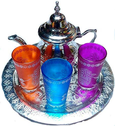 Service à thé marocain. Théière de Maillechort 400 ml + plateau diamètre 29 cm + 3 verres en verre