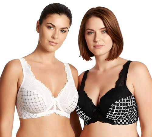 Curve Muse - Minimizer pour Femme, sans Doublure, Soutien-Gorge avec Armatures, avec Broderie, Dentelle, Paquet de 2-Blanc,Noir-115D
