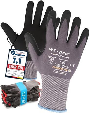 Trevendo Arbeitshandschuhe - EN 388 (4131X) - Montage- & Gartenhandschuhe mit Nitrilbeschichtung - atmungsaktiv, flexibel & OEKO-TEX zertifiziert - Mehrfachpack - WS-Pro FLEX GTN - Größe 7, 12 Paar