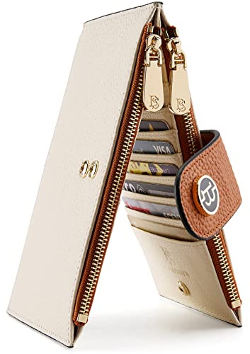 BOSTANTEN Leather Wallets for Women Large RFID Blocking Slim Bifold Purse Card Holder with Zipper Pocket Beige Brown