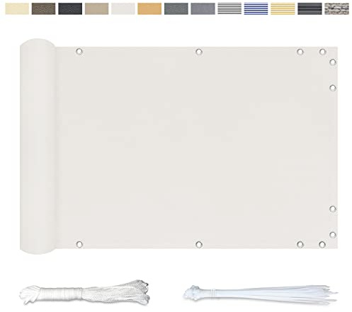 YangAera Balkon Sichtschutz Balkonabdeckung 145x300CM, Windschutz Wasserdicht und UV-Schutz Balkonverkleidung - mit Ösen Kabelbinder und Kordel, für Balkongeländer Terrasse Garten (Reines Weiß)