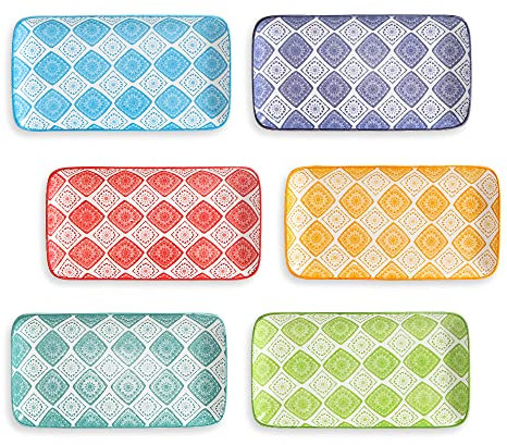 Piatti Servizio Ceramica Piatto Rettangolari - Set Piatti Colorati Design Porcellana - Piccoli Piatti Dessert | Sushi | Aperitivo | Dolce - Adatto per Microonde e Lavastoviglie - 20 x 11 cm - Set da 6