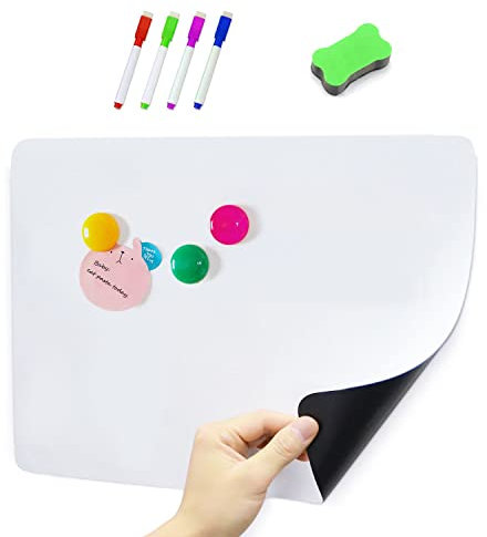 Whiteboard, magnetisch, Kühlschrank-Whiteboard, A4, für Zuhause, Küche, Menü, Mahlzeiten, Einkaufsliste, Memoboard, Erinnerungsplan, 4 Markerstifte, 1 Radiergummi, 3 bunte runde Magnete