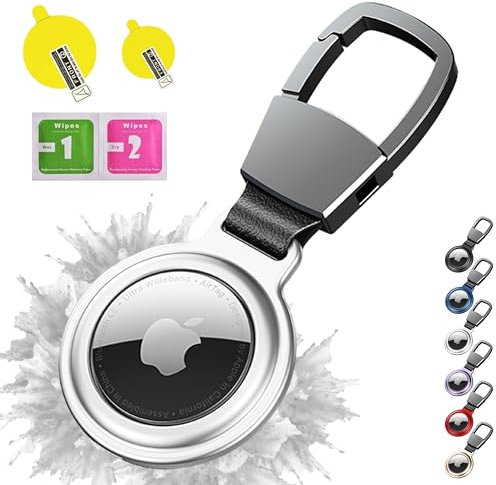 flixwerk® - AirTag Hülle mit Schlüsselanhänger Karabinerhaken (Schutzhülle für Air Tag) aus Metall inkl. Schutzfolienset (Silber)