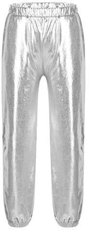 TiaoBug Kids Girls Boys Metallic Baggy Harem Dance Pants Trousers for Modern Hip Hop Street Dancewear Silver 14-16 Years