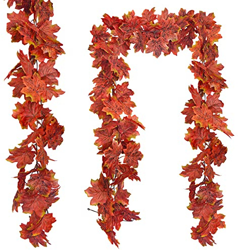 ADORAMOUR Artificial Autumn Maple Leaf Garlands - 2Pack 260cm Length Fake Hanging Autumn Leaves Vine Decoration, Realistic Fall Foliage Wreath Decor for Room and Garden Wall Aesthetic Indoor Outdoor