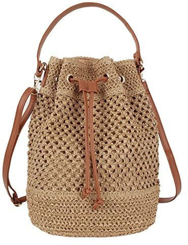 MEGAUK Mini borsa a tracolla da donna in paglia, stile vacanza, in tessuto, borsa a tracolla estiva da spiaggia fatta a mano per le signore, Marrone chiaro, Taglia unica