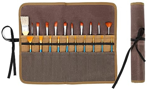 Kaaltisy Art Brush & Pencil Holder Case, Portable Paintbrush Storage Roll with Tie Rope & 2-Layer Slots, Heavy Duty 16OZ Waxed Canvas Paintbrush Roll | Brown