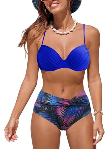 JFAN Badbyxor Dam Bikini Push Up Ruffle Bikiniset Hög Midja Tryck Baddräkter Magreducerande Baddräkter, Blå, M