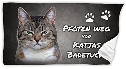 Unikatolo Handtuch 50 x 100 cm Katze mit Name individuell Bedruckt, personalisiertes Geschenk, witziges Strandtuch XL, grau, Pfoten Weg lustig, Katzengeschenk