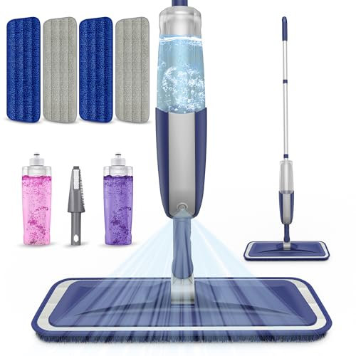 Microfibre Spray Mops for Floor Cleaning - MEXERRIS Wood Floor Mop with Spray 4x Reusable Washable Pads Dust Wet Dry Mops with 2x Bottles, Flat Mop for Wood Hardwood Laminate Tiles