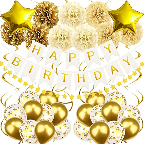 Recosis Gold Geburtstagsdeko, Happy Birthday Banner mit Pompoms Papier Girlande Wimpel Spiral und Luftballon Kindergeburtstag für Mädchen Junge Mann Frauen Geburtstags Dekorationen