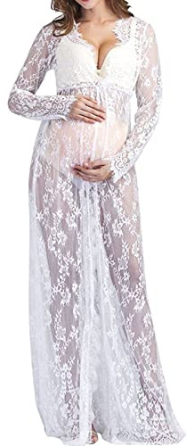Robe Maternité Shooting Photo Dentelle Sexy Col en V Robe Grossesse Mariage Ceremonie Soiree Cocktail Chic Et Elegant Robe Femme Enceinte Manche Longue Grande Taille Pas Cher