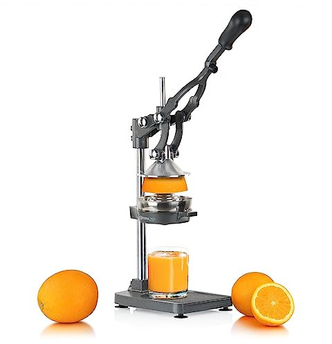 Mahlzeit Edelstahl Saftpresse manuell | Hebel Zitruspresse | Handpresse, Fruchtsaftpresse, Orangenpresse, Zitronenpresse für mehr Saft | Entsafter für Orangen, Zitronen, Limetten (Grau)