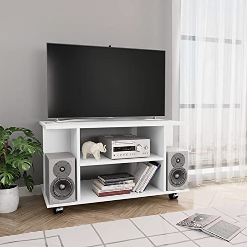Homgoday TV-Schrank mit Rollen, weiß, 80 x 40 x 40 cm, Spanplatte, TV-Schrank, niedriger TV-Schrank für Wohnzimmer, industrieller Couchtisch, TV-Ständer für Wohnzimmer