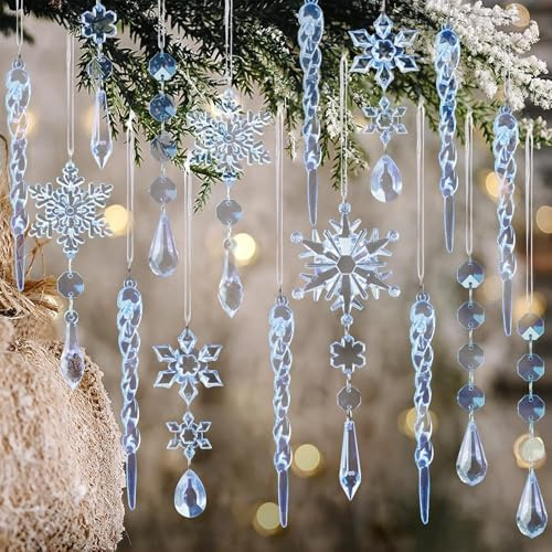 16 Stück Christbaumschmuck eiszapfen Anhänger,Schneeflocken Eiszapfen Weihnachtsdeko,Acryl eiszapfen deko weihnachtenbaum Anhänger,Weihnachtsbaumschmuck und Weihnachtsdeko