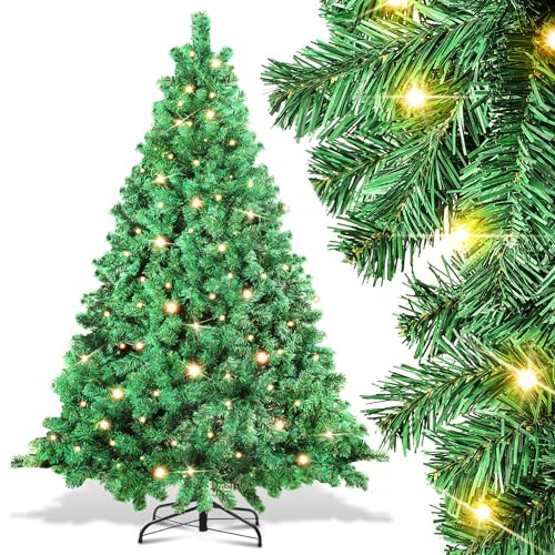 EINFEBEN Árbol de Navidad Artificial con iluminación, 180 cm, con Soporte de Metal, 250 Luces led de Color Blanco cálido, 860 Ramas, difícilmente inflamable