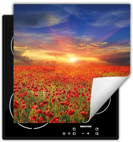 DarHaus Herdabdeckplatte 50x52 cm Einteilig Küchen Zubehör Kochfeld Abdeckung Ceranfeld Herdplattenabdeckung Induktionskochfeld Aufrollbare Matte, rot - Mohnblumen