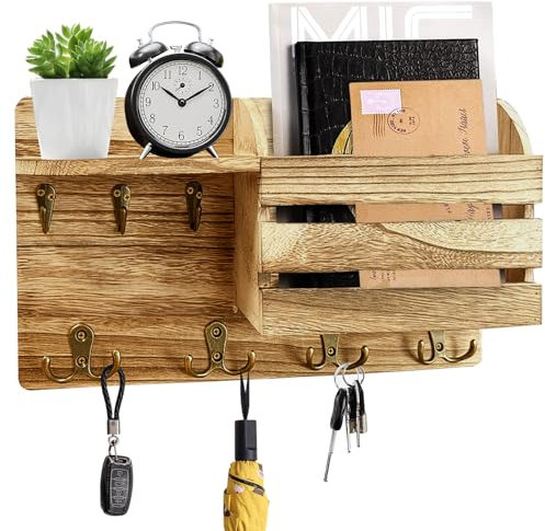 Wenosda Schlüsselbrett Holz mit Ablage & 7 Haken - Schlüsselhalter Holz Wand - Schlüsselboard Modern Organizer für Flur, Wohnzimmer, Küche, Schlafzimmer