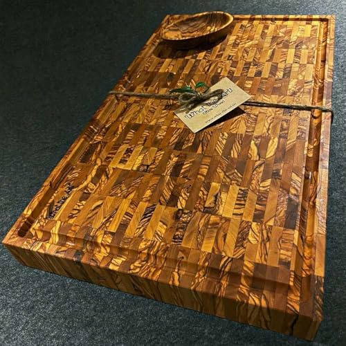 What the Art!® Olive Wood «The Mosaic Block» | Olivenholz Schneidebrett + Dip-Schälchen | Handarbeit | Hackbrett - Arbeitsbrett - Profibrett (XL | 49 x 30 x 4,5 cm)