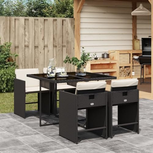 Gecheer 5-TLG. Polyrattan Sitzgruppe,Garten Essgruppe 4 Personen, Rattan Gartenmöbel Set, Balkonmöbel Set, Balkon Lounge, Gartengarnitur Set, Gartentisch Set, Terrassenmöbel Set, Kissen, Schwarz