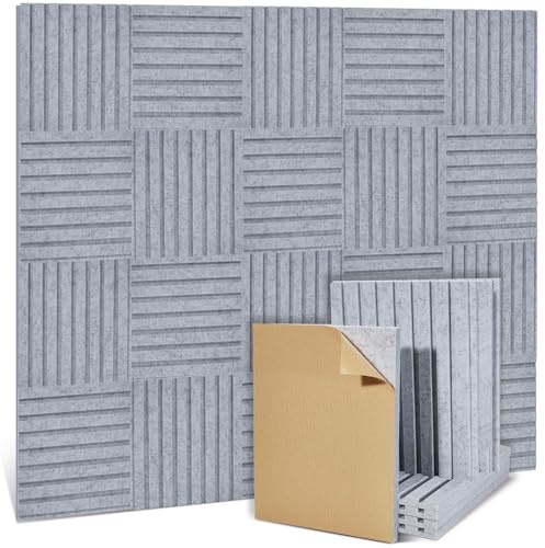 Quadratische Akustikplatten selbstklebend Akustikpaneele Set, 4 Stück je 30 x 32 cm - Walnussfarbene Faserplatte auf Akustik-Filz, Wandverkleidung für Wohnzimmer, HomeOffice & Studio