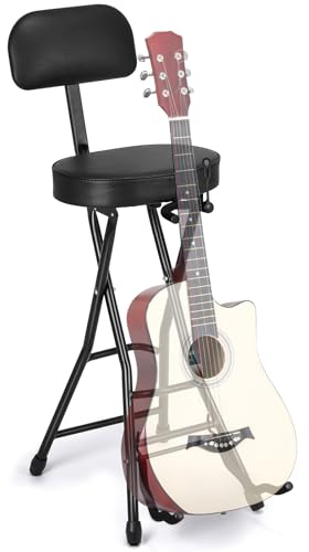 Colingmill Guitar Stool with Thick Padded Cushion, Guitar Chair, Ergonomic Backrest Heavy Duty 300 Pound Capacity Portable Seat with Foot Rest, Folding Stand, Accommodates Acoustic Bass, Fretboard