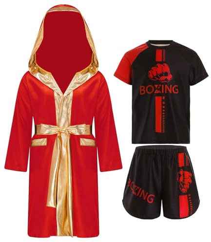 Oyolan Barn pojke boxningsshorts och T-shirt badrock boxningsklänning huvtröja set Muay Thai MMA sparkar boxning, Färg: röd, 11-12 ans