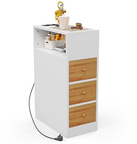 Rcynview Comodino Stretto con Prese e Porte USB, Comodino con Scomparti a Giorno e Cassetto Tavolino da Notte Mobile Salvaspazio per Camera da Letto Soggiorno 45x25x70cm Comodini Strett a colori misti