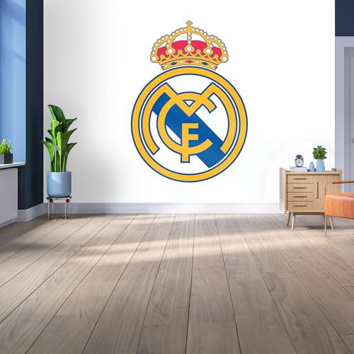 Mural de pared de vinilo con licencia del Real Madrid, tamaño mediano (185 cm de alto x 100 cm de ancho), escudo a todo color sobre blanco