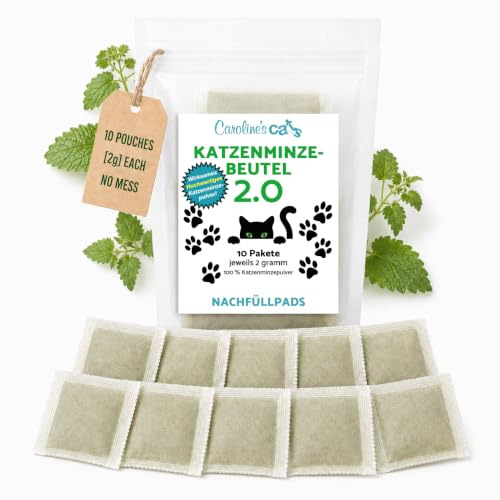 Caroline's Cats Katzenminze Beutel 2.0 für Katzenspielzeug - Katzenminze-Pakete Nachfüllpackung für flatternde Vögel, Flopping Fish, und Katzenminze Spielzeug; Teebeutel 10 Päckchen