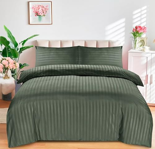 Indus Textiles King Size Bedding Set Brushed Microfiber Satin Stripes Easy Care Duvet Cover with Pillowcases (Sage Green-King)