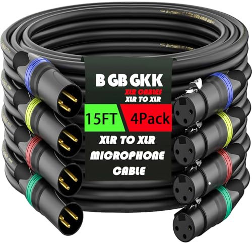 BGBGKK XLR Cables 15ft 4 Pack, Professional XLR Microphone Cable Male to Female, Gold-Plated 3-pin X LR Speaker Cables Balanced Mic Cord, Multicolor