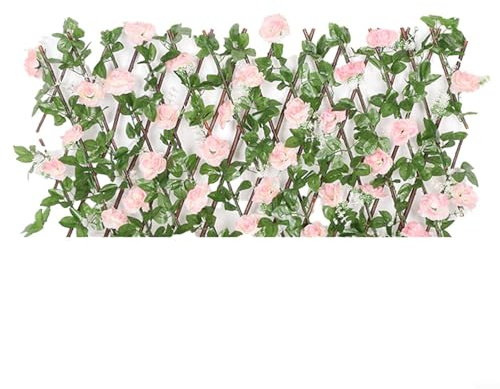 LVYXON Erweiterbares Rankgitter aus Holz mit künstlichen grünen Blättern und Blumenblüten – dekorativer Sichtschutz für Garten, Balkon, Innenhof, Terrasse – Höhe und Breite verstellbar (Hell für Rosa)