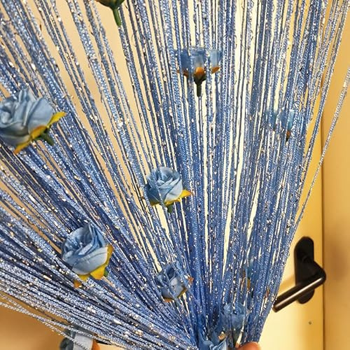 YKAFADE Fadenvorhang 1 Stück 100x200cm Dekorative Gardine Raumteiler Dekoration mit Rosen Blumen Türvorhang Fliegenschutz Hochzeit Fadengardine Glitzer schön für Party,Café,Restaurant,Blau