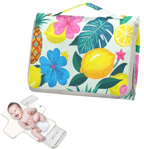 Wiederverwendbare Wickelauflagenbezüge mit Taschentuchtasche, Wickelunterlage für Wickeltisch, Reisestation, Sommerananas, Zitrone, Blumenmuster, Blau
