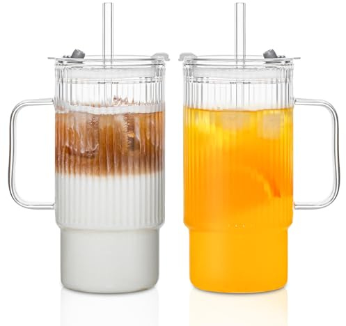 KEMORELA 2 vasos de vidrio acanalado de 620 ml con tapas y popotes, tazas de café helado, vasos transparentes reutilizables para batidos y bebidas frías, aptos para lavavajillas