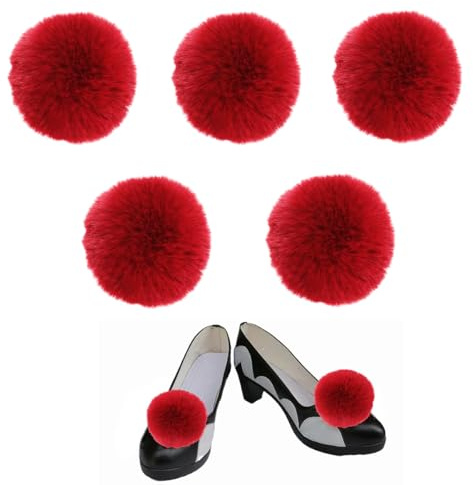 2 x rote Pompon-Schuh-Clips, abnehmbare, flauschige Schuhanhänger mit 3 Cosplay-Kostüm-Broschen, Zubehör für Party, Baumwolle, Kein Edelstein