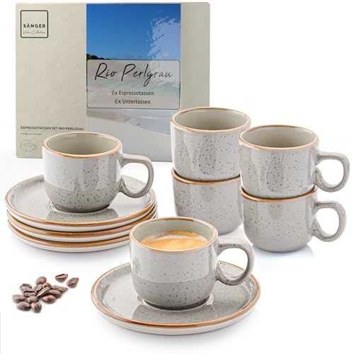 SÄNGER Rio Perlgrau Espressotassen Set 12 teilig, Tassen Set 6 Personen | Espresso- & Mokkatassen, kratz- spülmaschinen- mikrowellenfest, 6xTassen & 6xUntertassen grau 80 ml