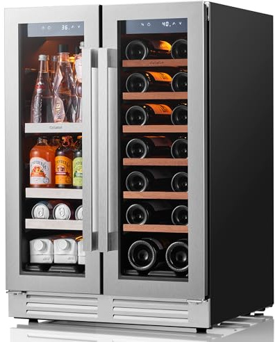 Ca'Lefort 24 Inch Wine and Beverage Refrigerator, 60 Cans 20 Bottles Dual Zone Cooler with Glass Door, 3 LED Built-in Compressor Fridge with Adjustable Shelves for Home Office Bar (4.1 cu.ft)