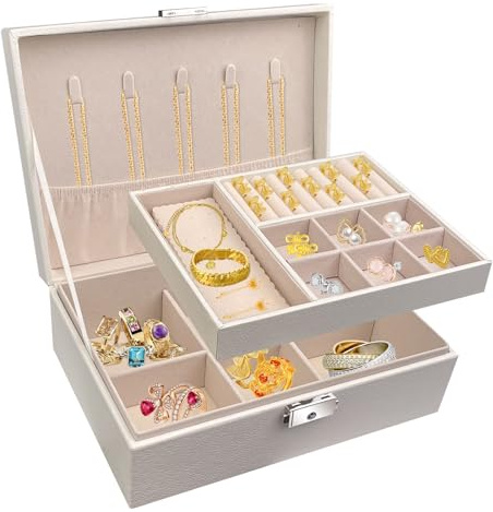 Pryzmax Portagioie Donna, Porta Gioielli Scatola, Portagioielli Cofanetto, 2 Strati Organizer, Organizzatore Scatole in Pelle PU, per Anelli Bracciali Orecchini Collane, con serratura (Bianco)