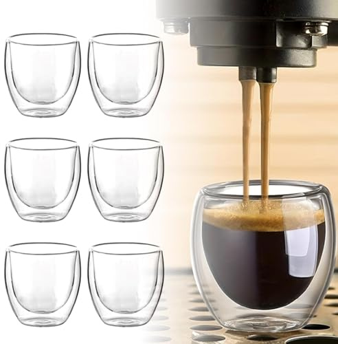 Espressotassen Set, 6er 80ml Doppelwandig Espresso Gläser, Hitzebeständig Kaffeetassen aus Borosilikatglas, Macchiato Gläser, Cappuccino Tassen, Espressogläser Modern