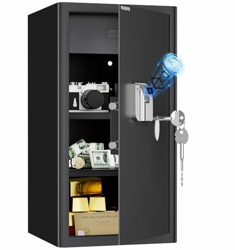 WASJOYE 103L Grand Coffre-Fort d'Empreinte Digitale, Biométrique Armoire Coffre-Fort à Domicile avec Tiroir anti Feu et Automatique Serrure pour la Maison, le Bureau, l'Hôtel, 70 * 37 * 40cm